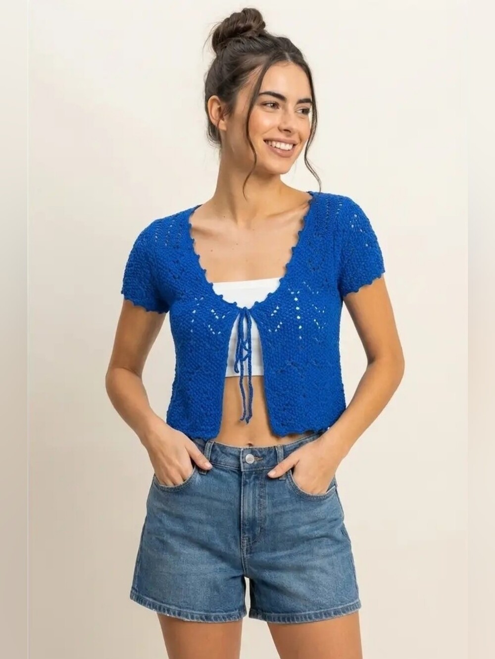 Pointelle Tie Front Knit Cardigan